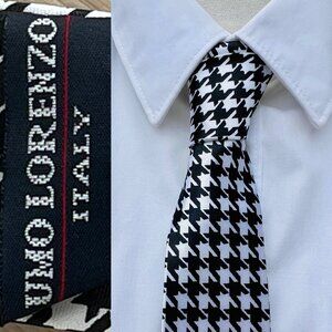 Umo Lorenzo Italy Men's Black White Houndstooth Skinny Long Necktie 57.75"x2"